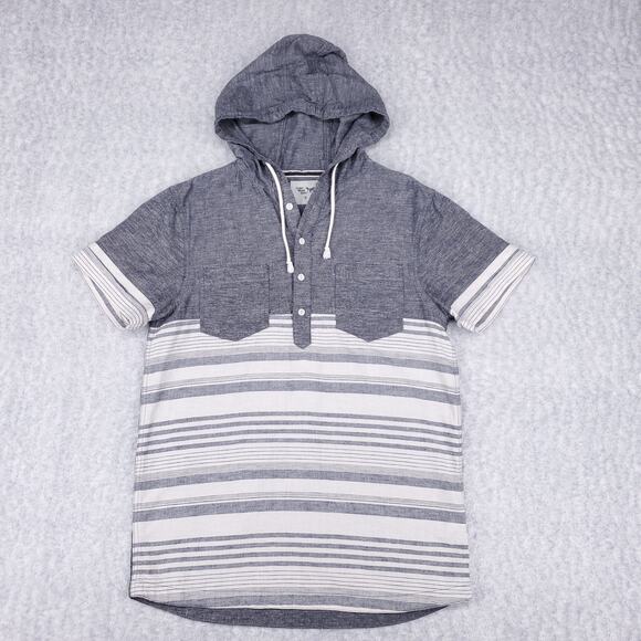 Hooded Pullover Shirt Mens S Gray/White Linen Blend Casual Summer Boho - Picture 1 of 12